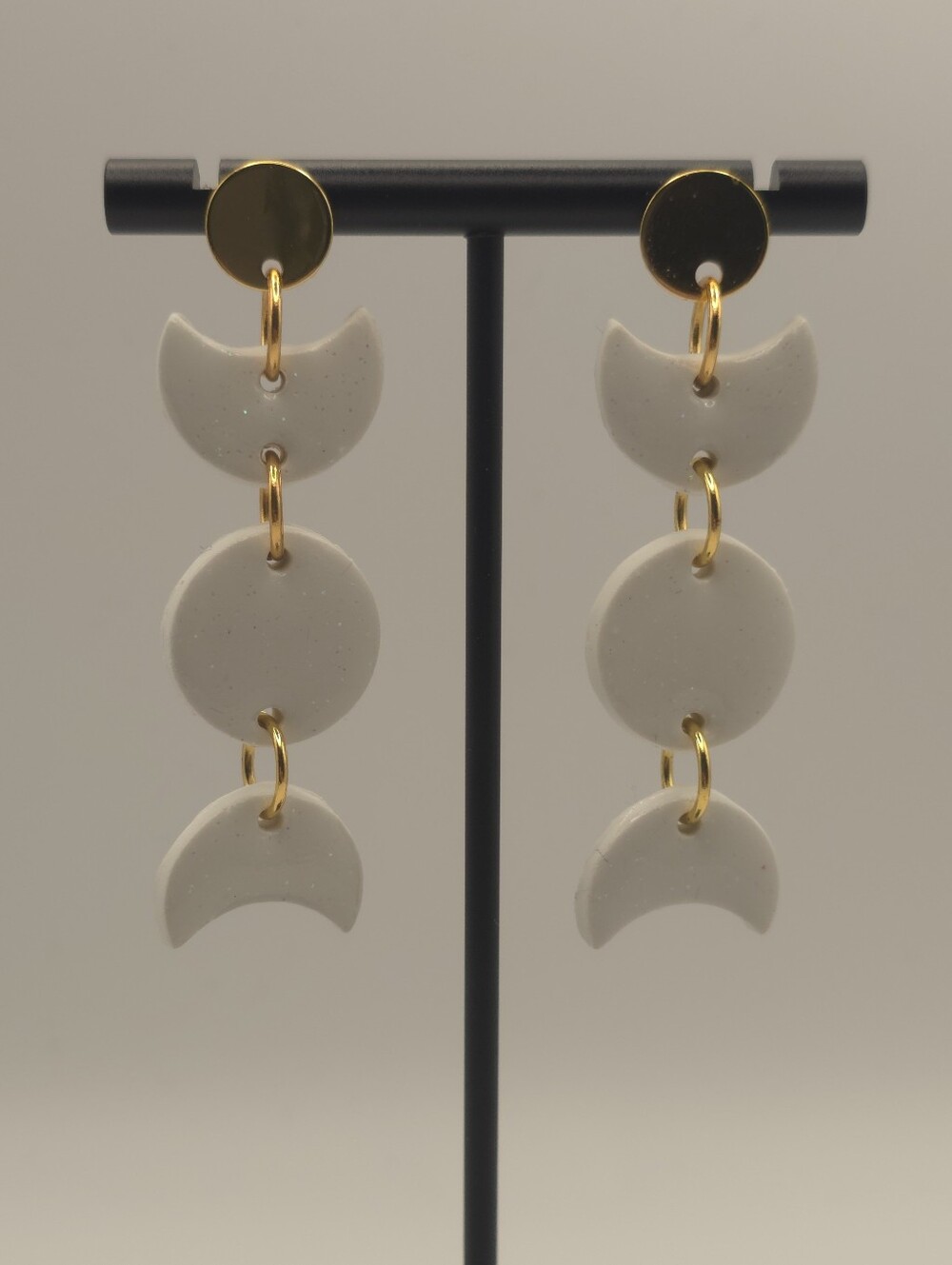 Hand Crafted Gold & White Crescent Drop Earrings - Picture 2 of 3